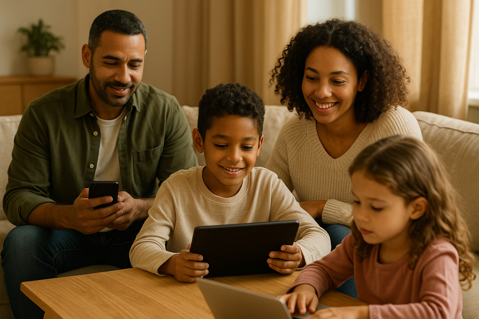 Happy family using devices safely with FaithGuard parental controls